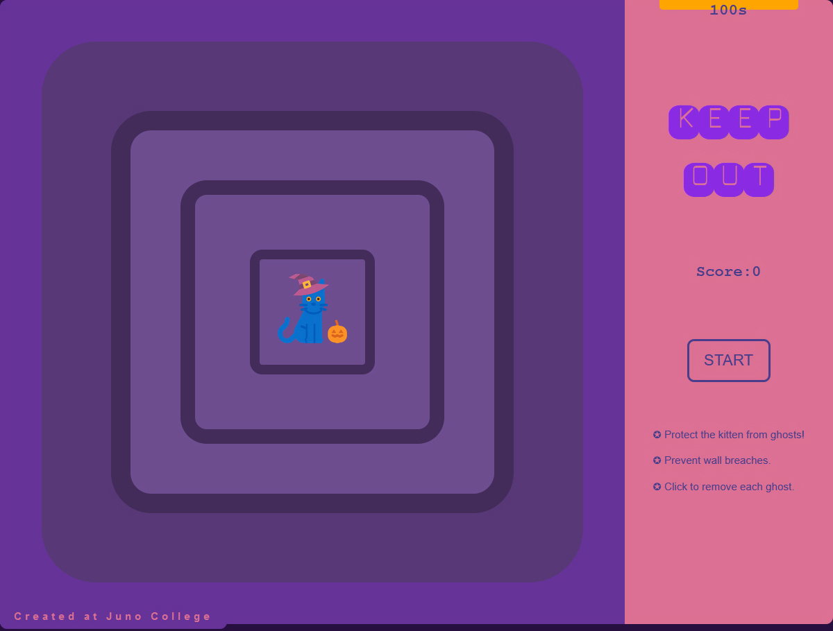 This was my first JavaScript project, an interactive game where you try to protect the halloween kitty.  Built from scratch in 4 days using JQuery only. Concept, design, and code by Charles Wong.